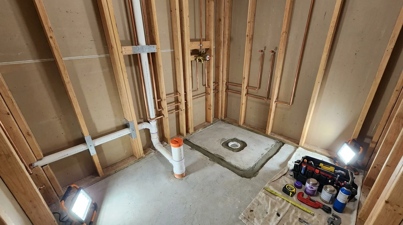 Bathroom rough-in plumbing during remodel by Johns Plumbing LLC in Gallitzin