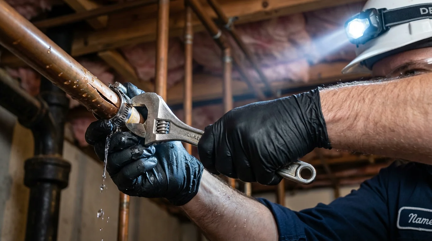 Emergency pipe clamp repair being performed by a Johns Plumbing LLC plumber in Gallitzin