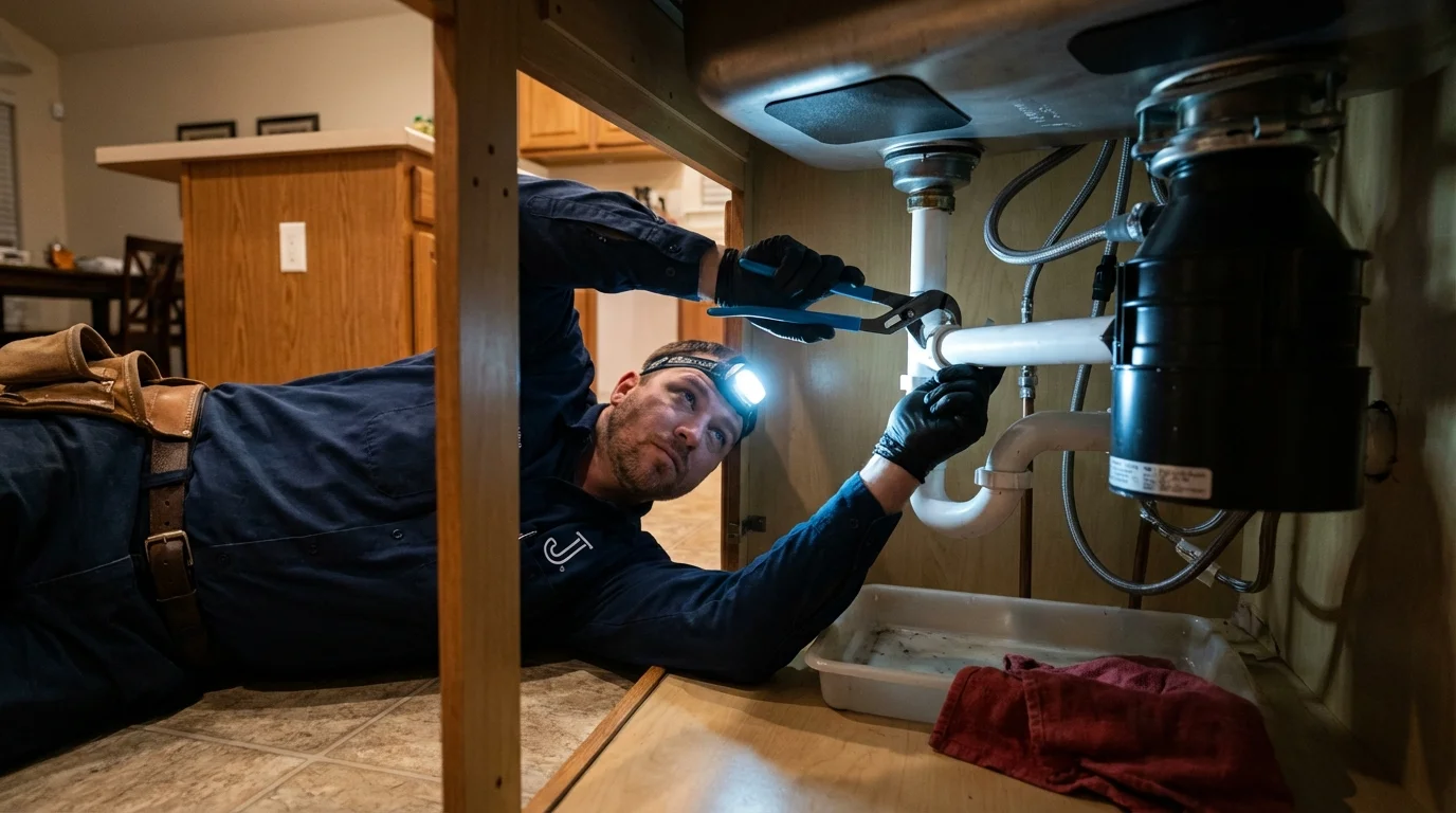P-trap and supply line connections under a kitchen sink showing a common leak point in Gallitzin, PA